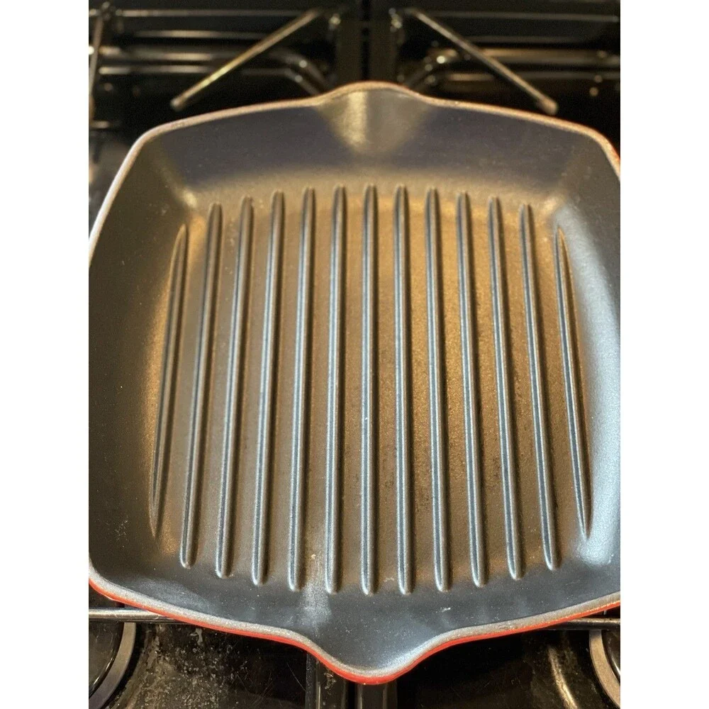 Vintage Le Creuset #26 Red Square Grill Pan France + Cast Iron Panini Press